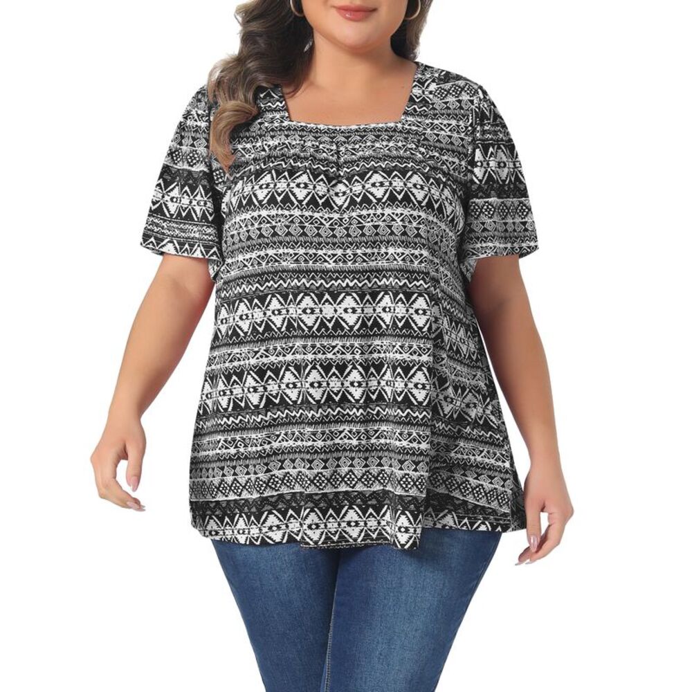 Women Plus Size Square Neck Short Sleeve Boho Print Blouse Top Black